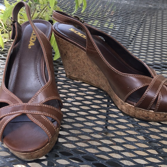 Soda Brown Cork Wedge Sandals 8 - Picture 2 of 6